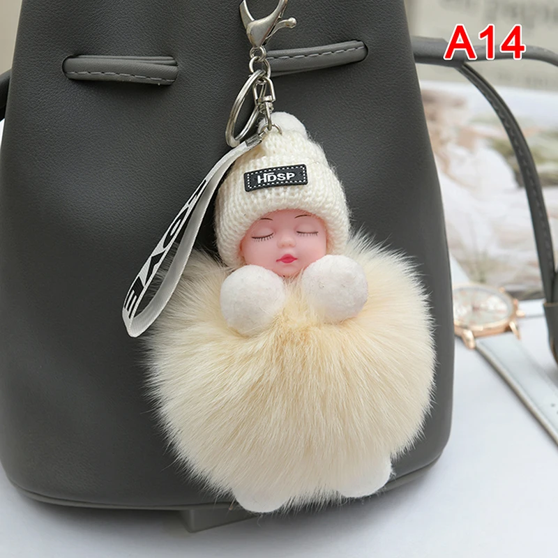 Pompom schlafendes Baby Schlüsselanhänger süße flauschige Plüschpuppe Schlüsselanhänger Frauen Mädchen Taschen Schlüsselanhänger Autos Schlüsselanhänger Geschenk charmante Dekoration