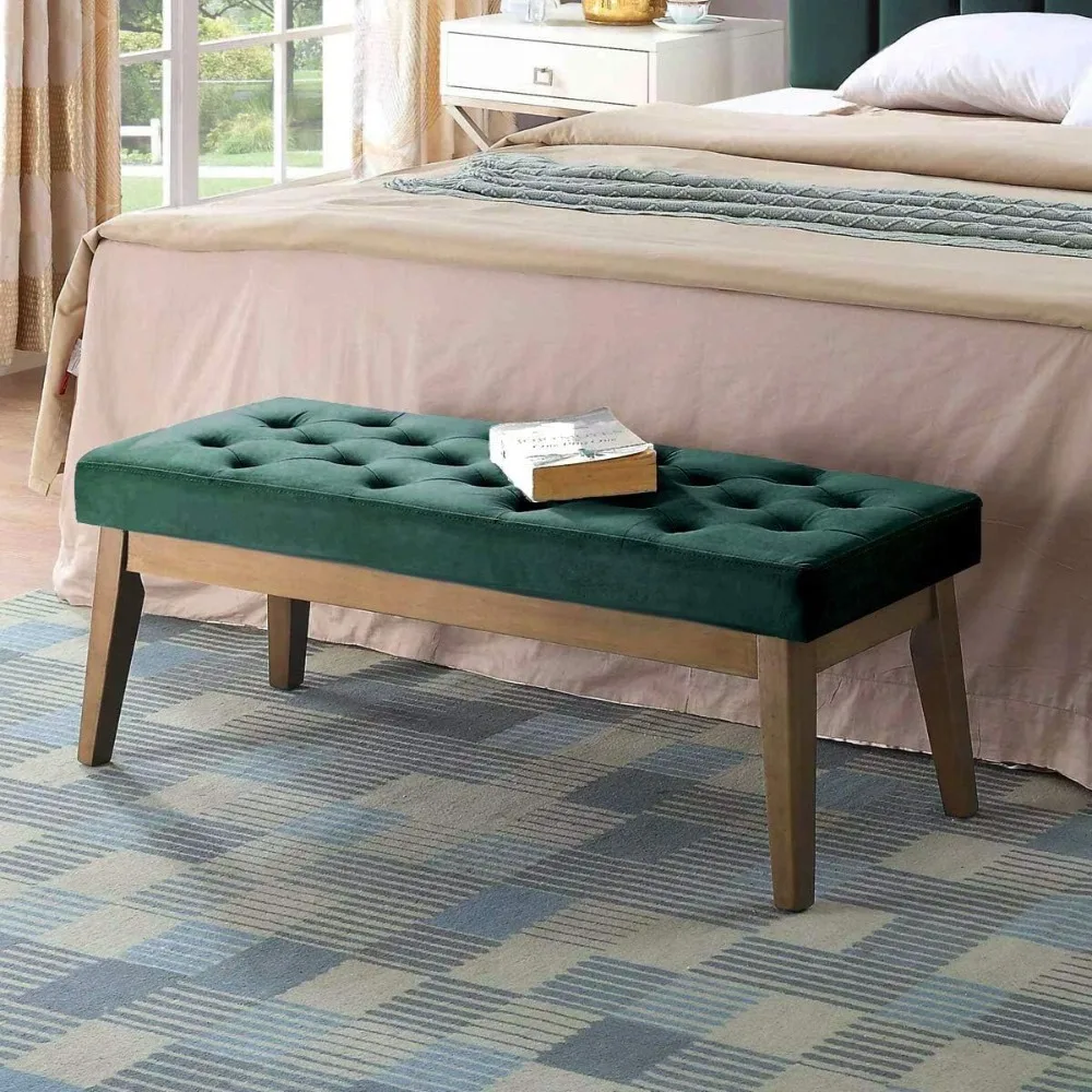 

Velvet Upholstered Tufted Bench with Solid Wood Leg,Ottoman with Padded Seat-Jade