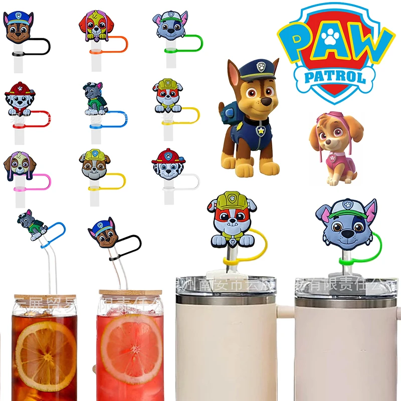 Pat'Patrouille漫画の飲用ダストキャップ、かわいい麦わら帽子、シリコン麦わらのヒント蓋、カップ用の再利用可能な防塵ストロートッパー、9個