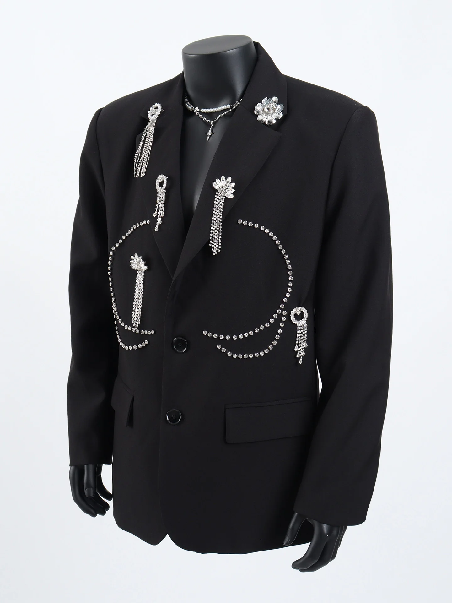 سترة سوداء بتصميم عصري فاخر للرجال، بدلة أداء مزخرفة معدنية راقية، سترة عصرية متعددة الاستخدامات #2