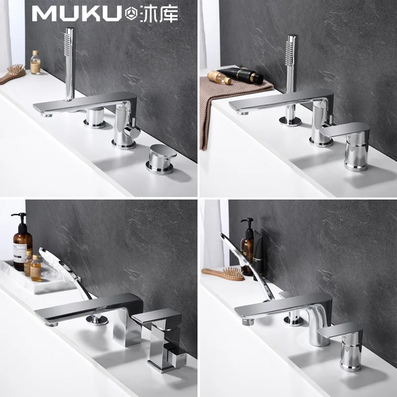 

Chrome Brass Bathroom Bathtub Faucet Hot&Cold Water Mixer Split Cylinder Side Shower Simple Three-Hole Faucet Five-Piece Suit