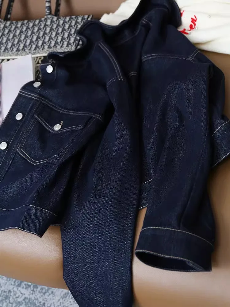 

Women Denim Jackets Coat 2025 Autumn Vintage Coats Y2k Distressed Single Breasted Turn Down Collar Pockets Outerwear Streetwear