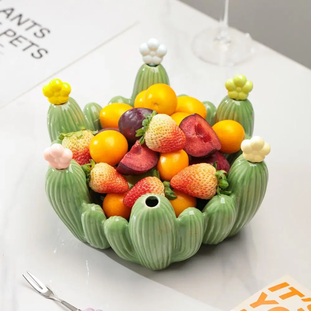 Creative Design Cactus Fruit Bowl Nordic Style Stainless Steel Forks Ceramic Cactus Plate Multi-purpose Easy To Clean