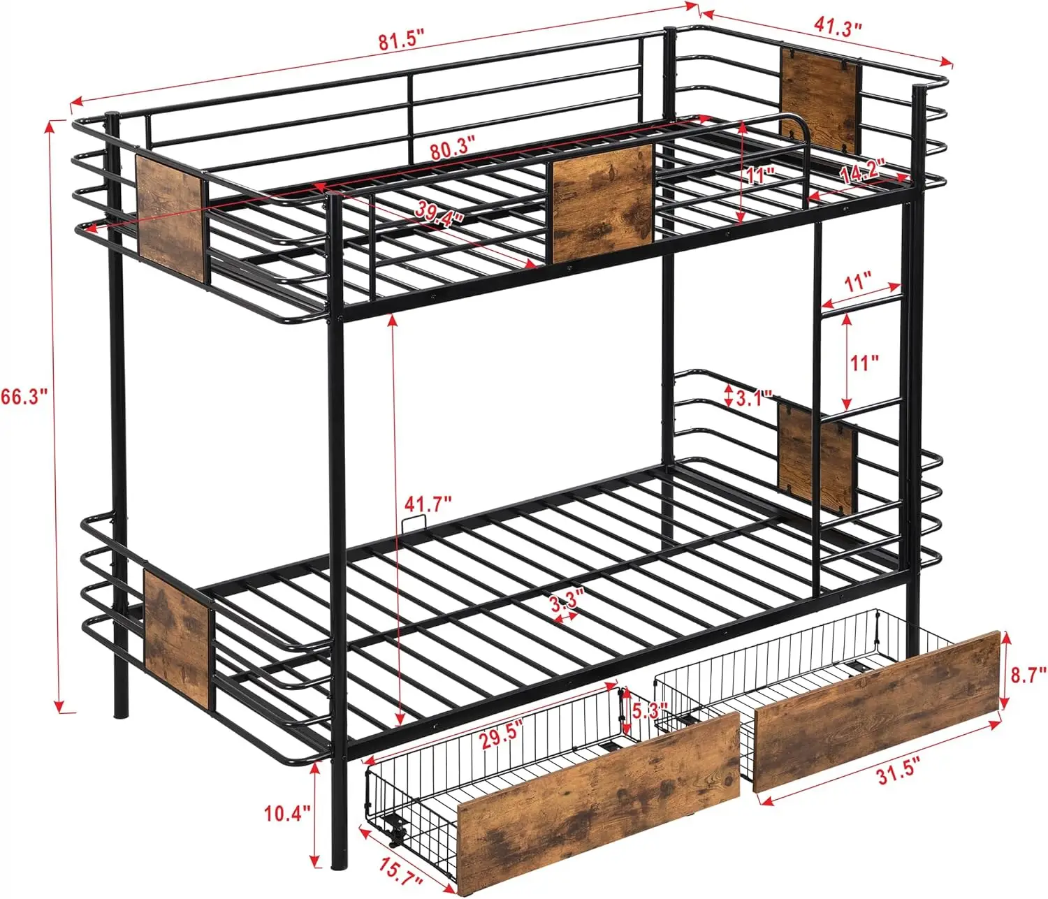 Lit superposé en métal pour enfants et adolescents, garde-corps de planche Mdf, deux égouts de proximité de stockage, Twin XL Over Twin XL