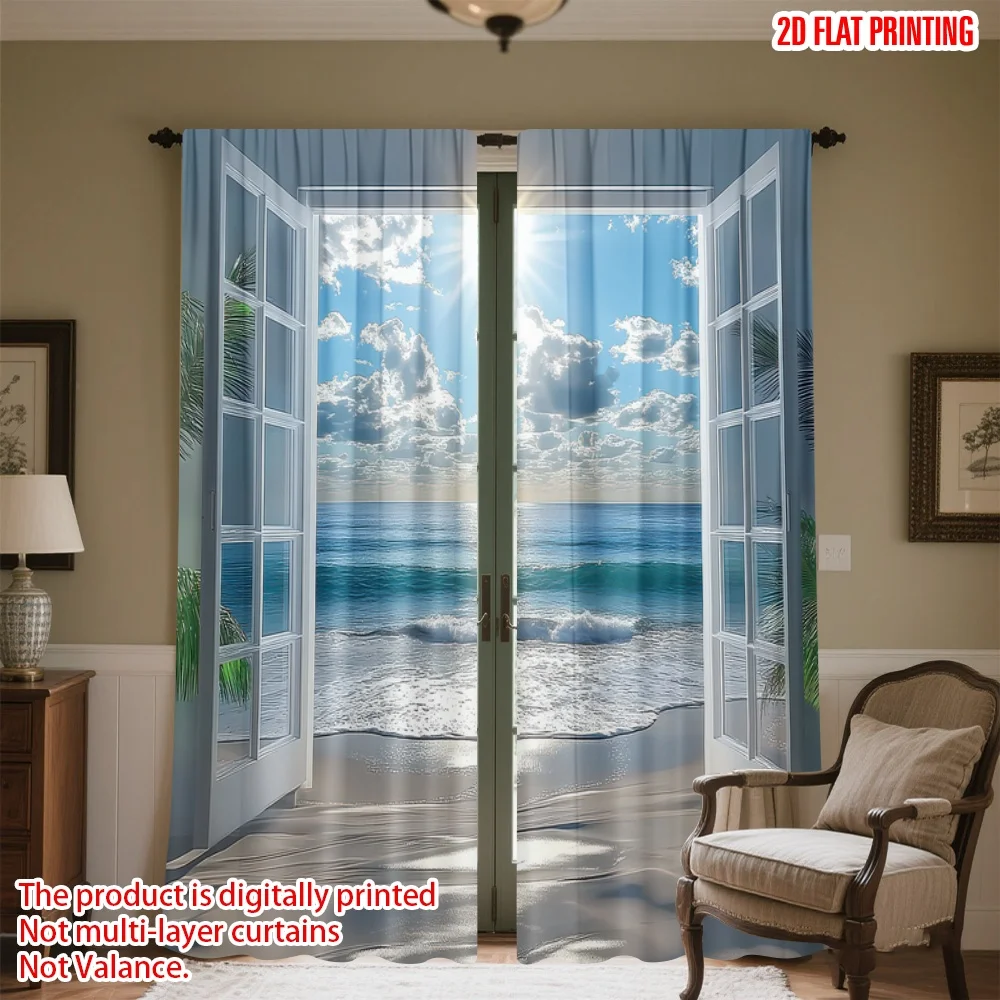 

2D flat printing 2pcs Window Drapes Open Door to Beach Digital Printed Polyester Drapes Seasonal Party & Holiday Decor for