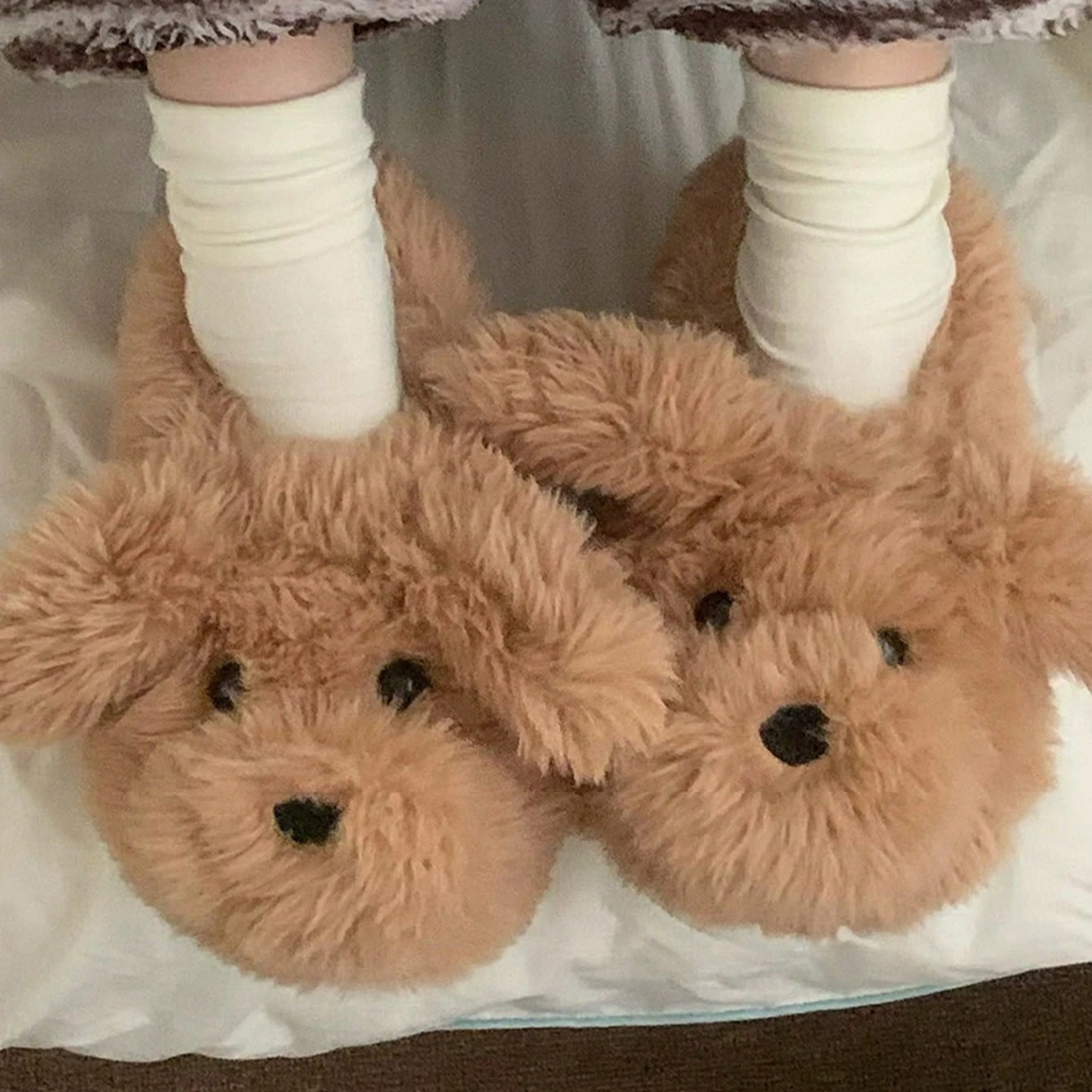 Women House Fur Slippers Casual Cute Lovely Puppy Design White Brown Winter Indoor Non-slip Warm Soft Soles Comfy Home Female view 2