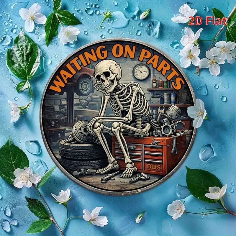 2D Flat-Waiting for Parts Funny Skeleton Mechanic Bronze Sign, Garage Wall Decor, Suitable for Mechanic Gifts, Room Decoration
