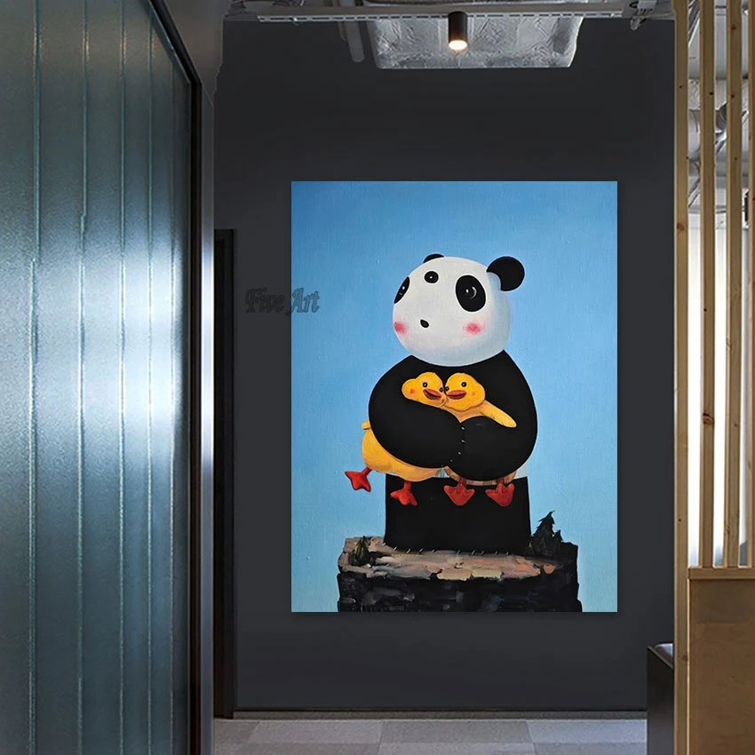 

Cute Panda And Duck Cartoon Animal Oil Painting Quality Artwork Kids Room Pictures Modern Wall Hanging Decorative Items For Home