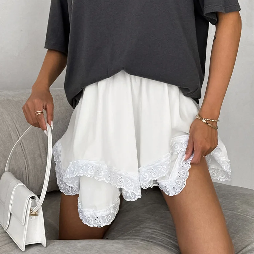 

Summer Design Sense Splicing Lace Short Skirt Women's Double-layer White High-waisted Chiffon A-word Skirt Women's Clothing