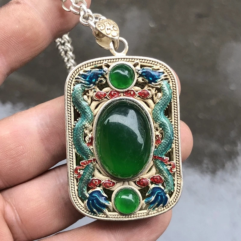 Vintage Antique Tibetan  Silver Cloisonné Inlaid with Green Gemstone Double Dragon Playing with Pearl Pendant Colorful Necklace