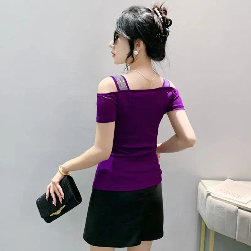 2025 New Arrived Ladies Clothes Sexy Off Shoulder Mesh T-Shirt High-End Letter Shiny Diamonds Shirts Women Summer Chic Tops Tees