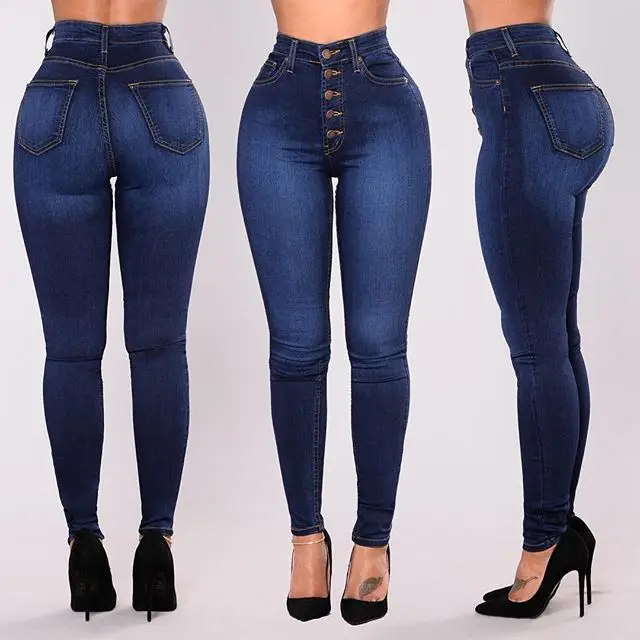 

European and American large-sized women's five button new high waisted elastic slim fit denim leggings