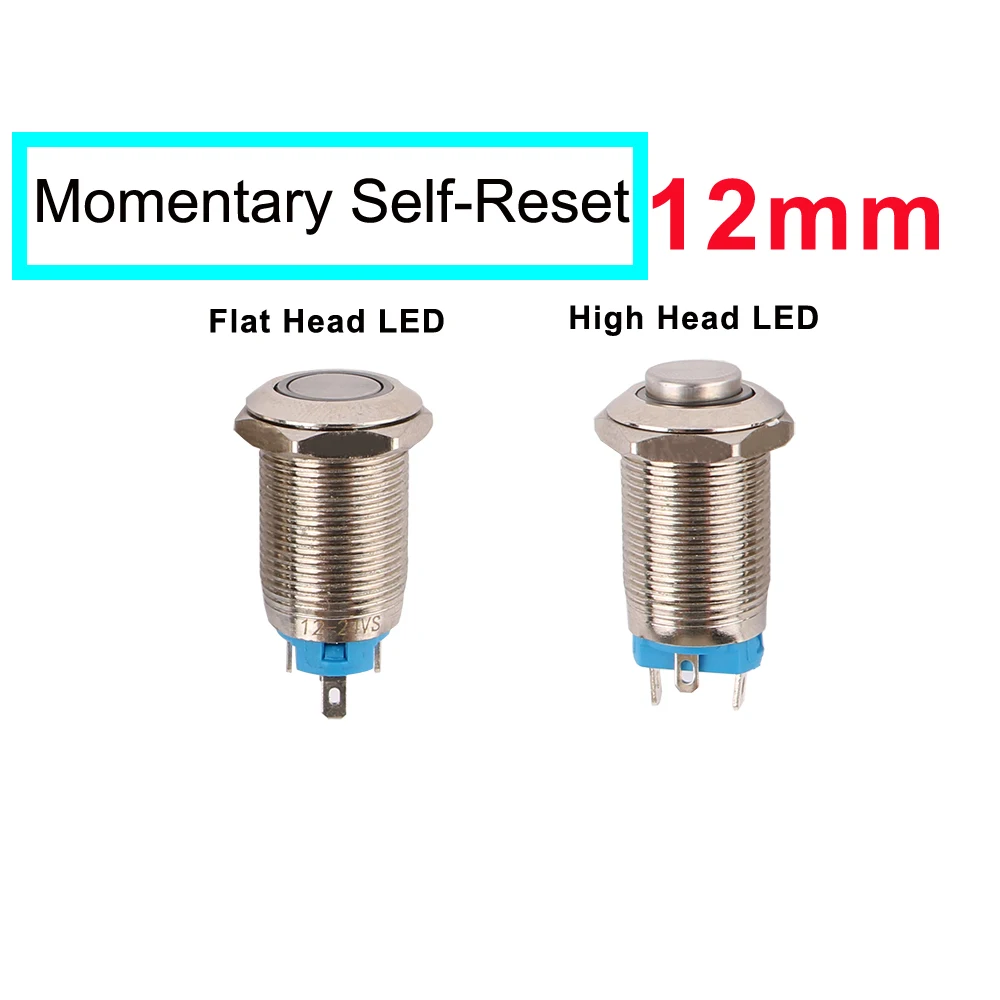 1pc 12mm Waterproof Anti-Vandal Metal Push Button Annular Switches Momentary Latching 3V 24V 1NO Green Red