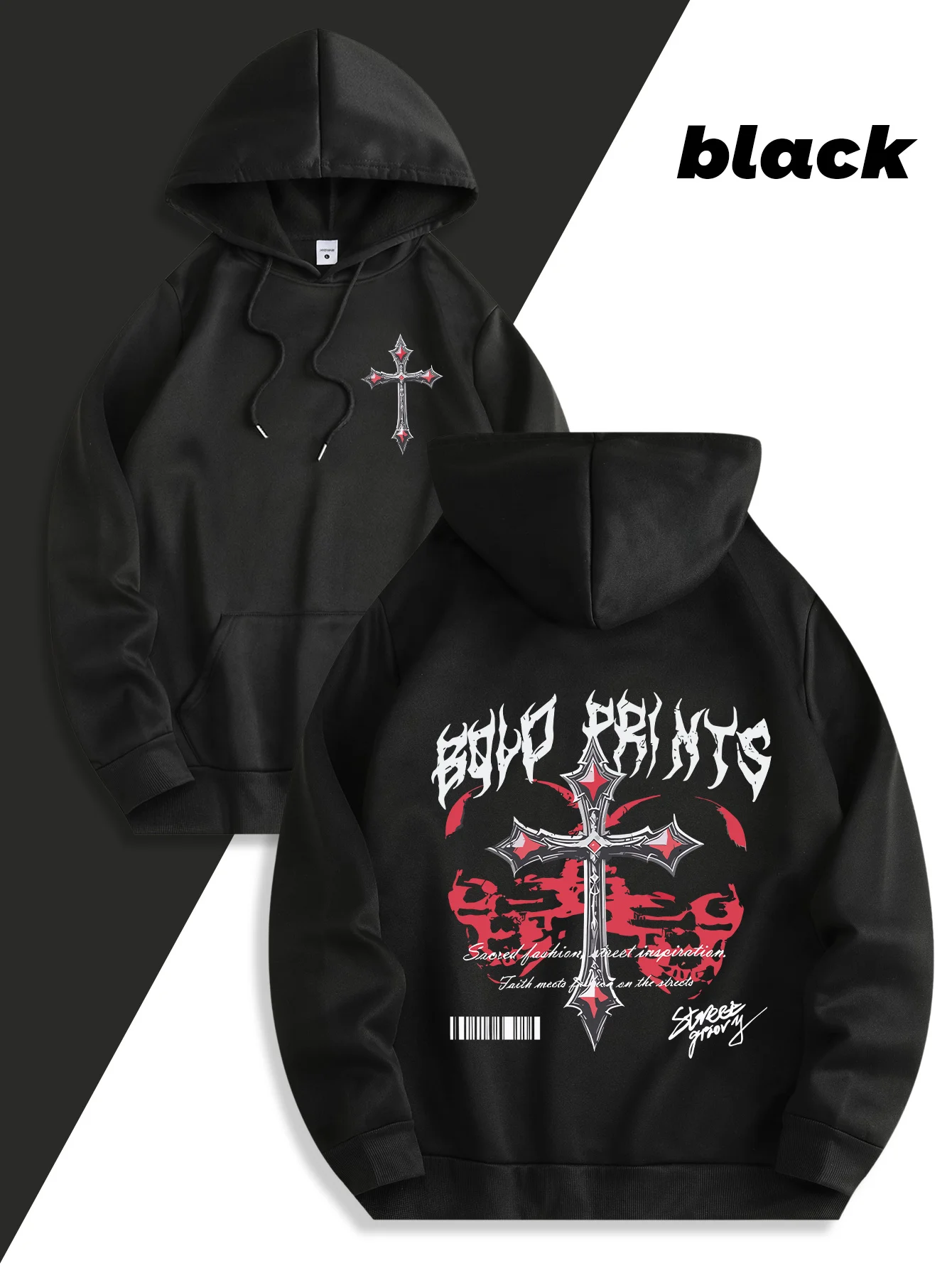 Men's Gothic Cross Streetwear Hoodie Autumn Winter Double‑sided Print Pullover Sweatshirt Casual Loose Hooded Tops