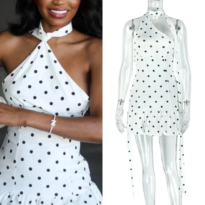 

Women’s 2025 Polka Dot Bodycon Mini Dress With Scarf Halter Neck Asymmetrical Shoulder Slim Fit Ruffle Hem Summer Fashion Wear