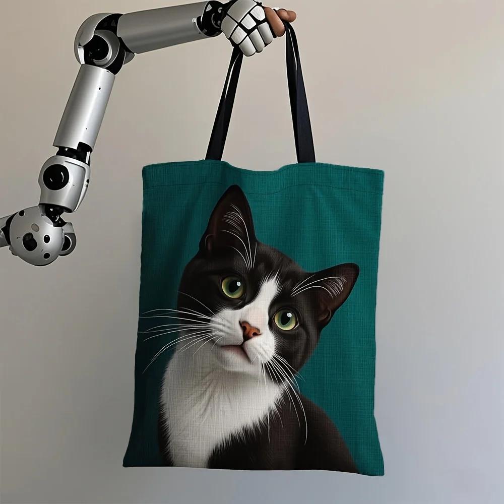 حقيبة حمل قطط سهرة ذات سعة كبيرة قطعة واحدة - حقيبة كتف متينة قابلة لإعادة الاستخدام مع تصميم قطة مخطط باللونين الأبيض والأسود وخلفية أزرق مخضر #3