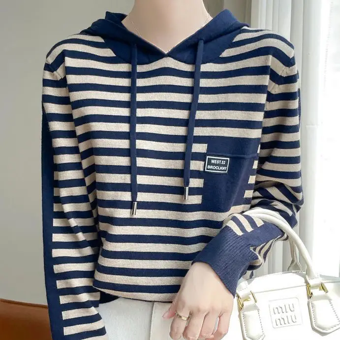 خريف شتاء جديد Sle الصوف محبوك قبعة سترة مخطط فضفاض طويل Sve سترة العصرية المرأة Faion محبوك