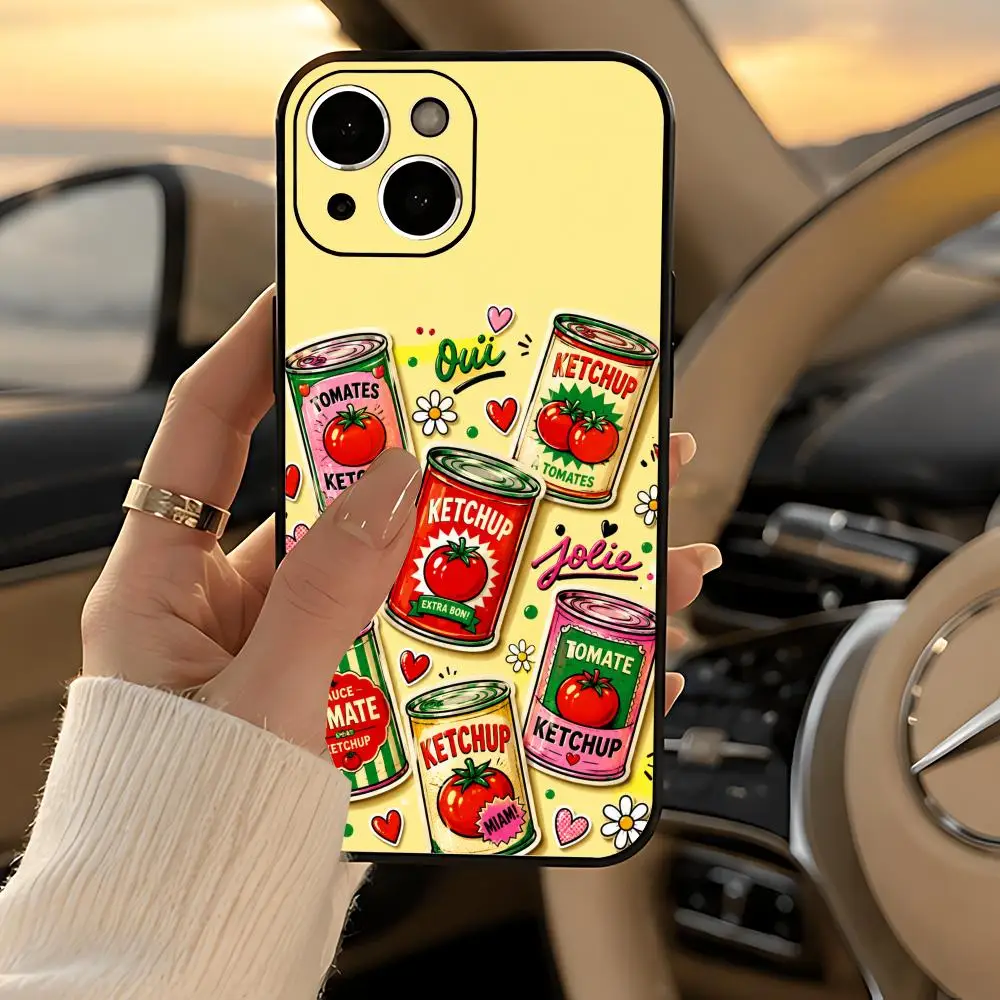 Funda para Teléfono con Diseño de Salsa de Tomate Enlatada, Negra, Resistente, Mate, Antigolpes, Suave, para iPhone 13/14/15/16/17 Pro Max