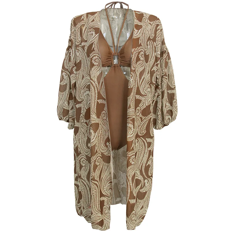 Women one piece swimwear brown solid retro color with cover up sexy bodysuit beach swimming wear bathing suit
