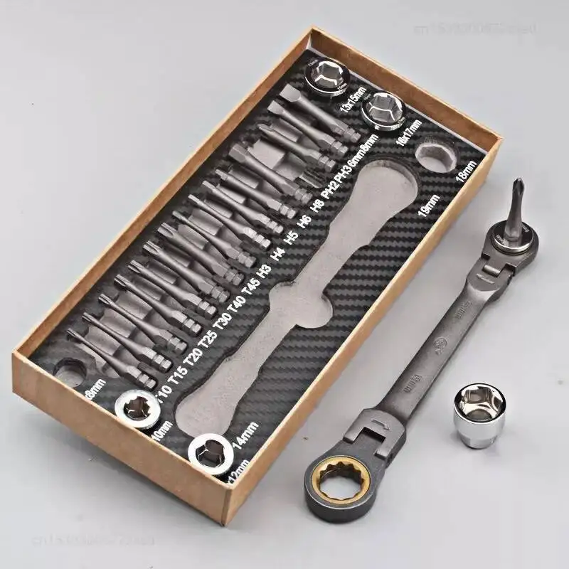

23Pcs Multifunctional Spanner Set Flexible Head Ratchet Double Box Wrench Socket Screwdriver Bits Auto Repairing Tool