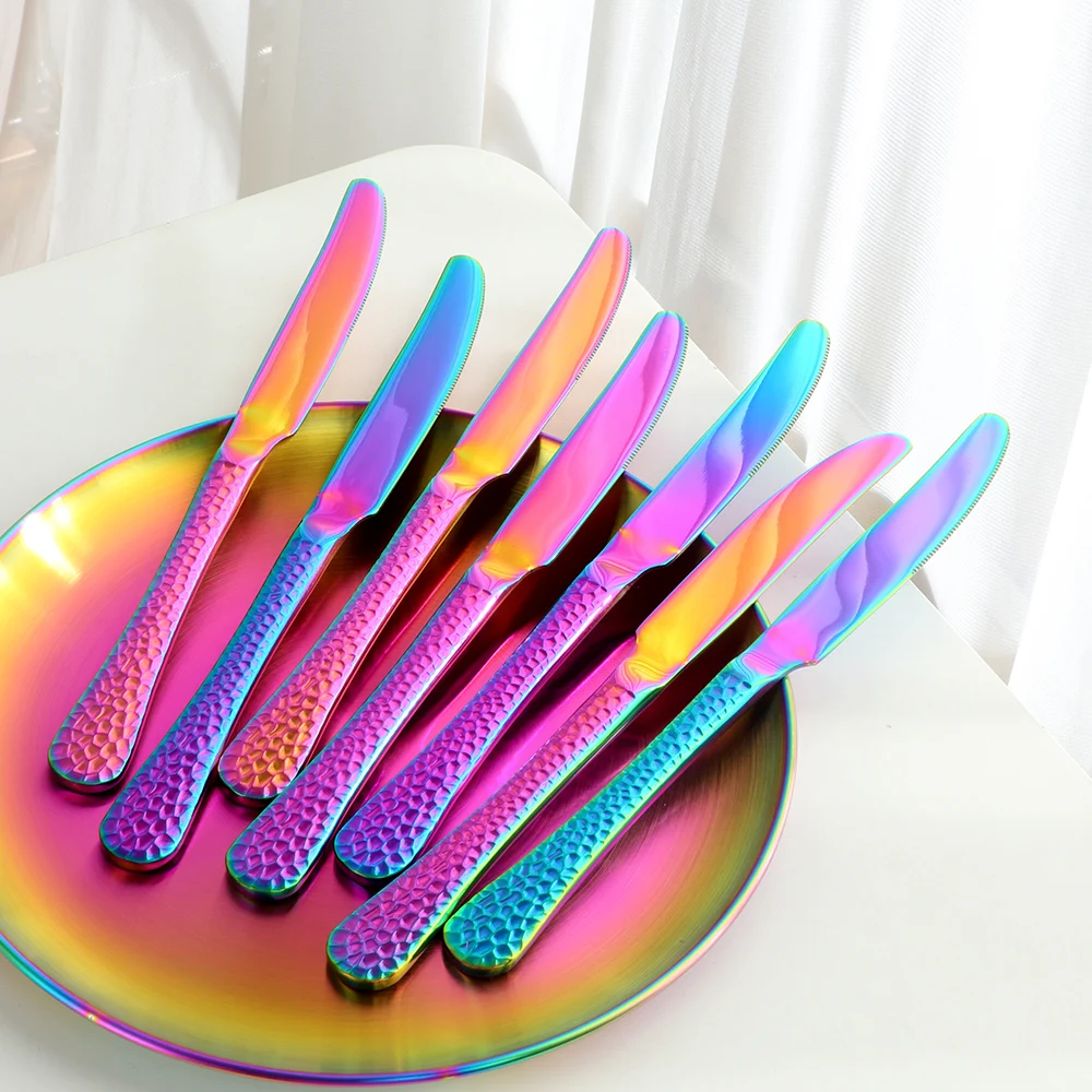 7/28PCS Stainless Steel Rainbow Dinner BBQ Plate With Portable Milk Coffe Cup Dinner Fork Spoon Knife Cutlery Set Tableware