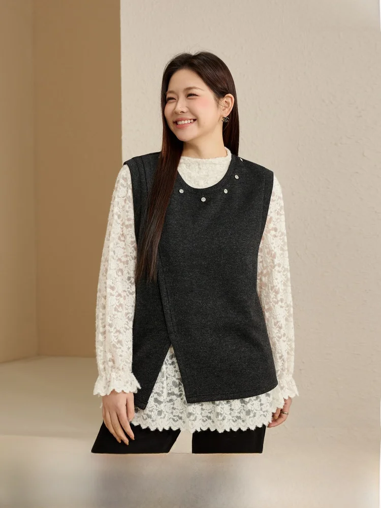 

Корейский универсальный многослойный жилет больших размеров для женщин, модная верхняя одежда с круглым вырезом, для полных женщин, зимняя новинка, приталенный крой, для повседневной носки.