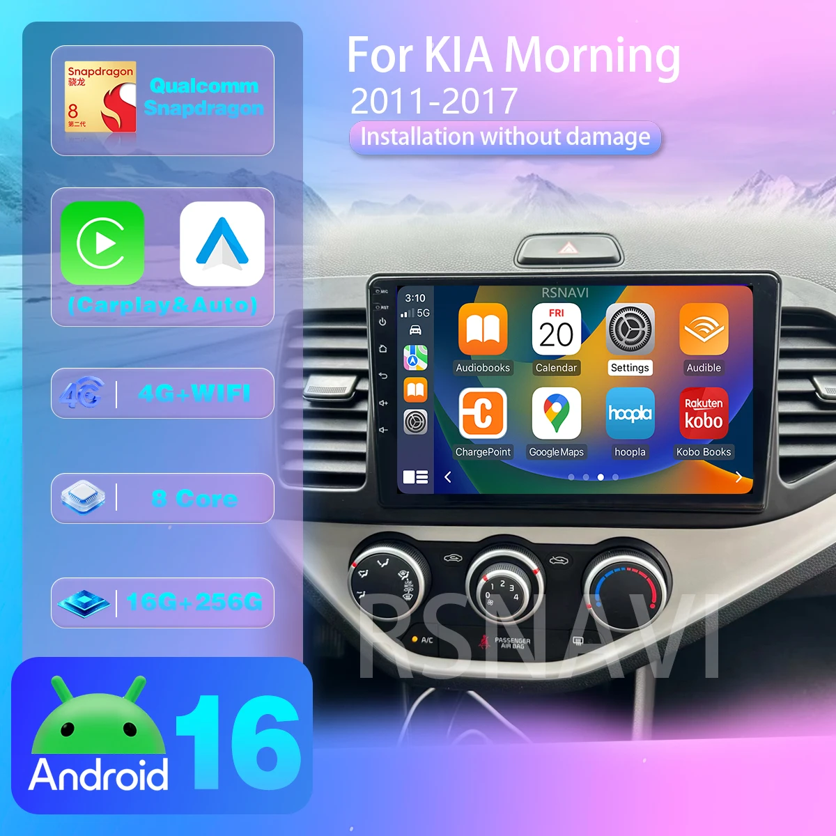 RSNAVI Android 16 Für Kia Picanto Morning 2011 - 2016 LHD Autoradio GPS Stereo Carplay Auto Radio Multimedia Player WIFI+4G