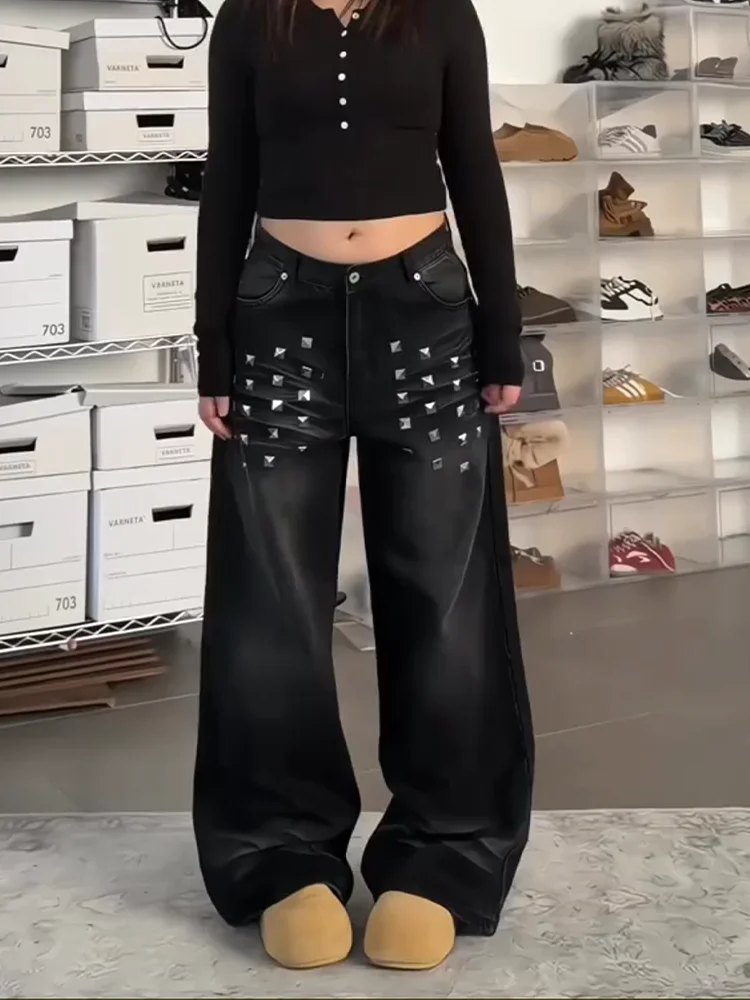 

Washed American High Street Punk Style Women's Jeans plus Size Wide Leg Floor-Length Pants Casual Wear Daily Occasion
