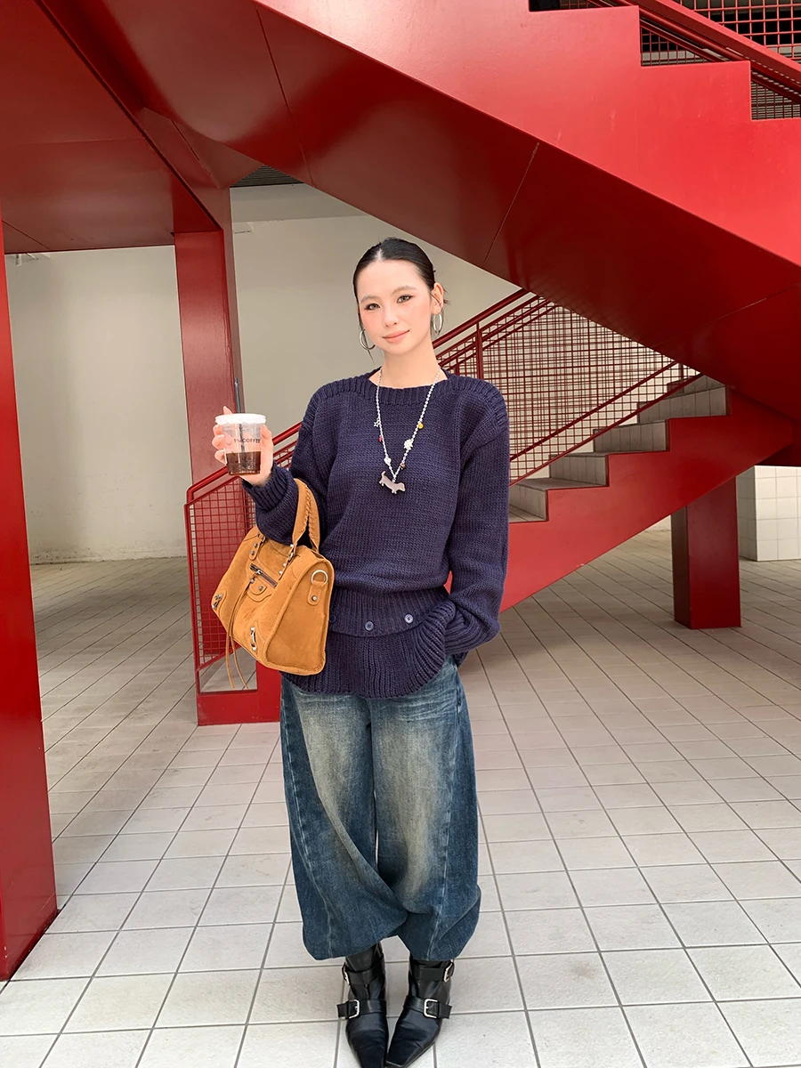 

Women's Loose Fit round Ne Sweater Fake Two-Piece Sle Inner Wear Outer Wear Casual Faion Thiened Long Sve Knitwear