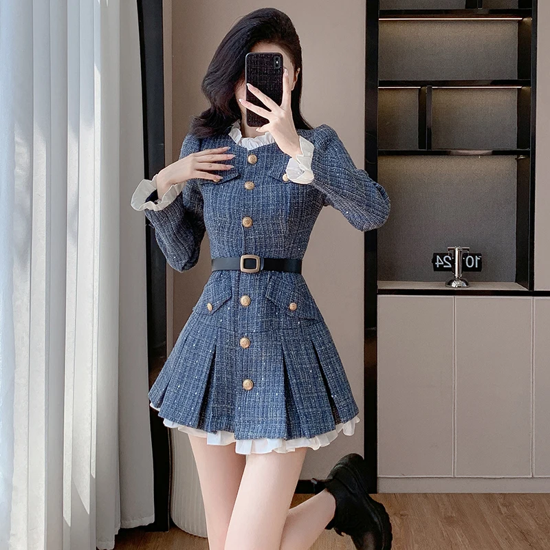 

Autumn French A Line Women Dress 2025 New Elegant Fashion Sashes Slim Waist Single Breasted Short Dresses One Pieces Vestidos