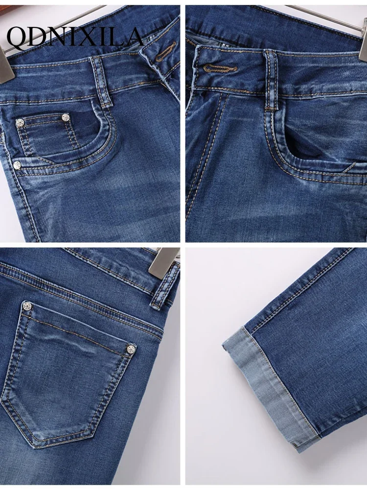 Woman\'s Jeans Black Denim Pants Ladies Cropped Trousers Skinny Knee Length Jeans Women Elastic High Waist Mom Jeans Oversize