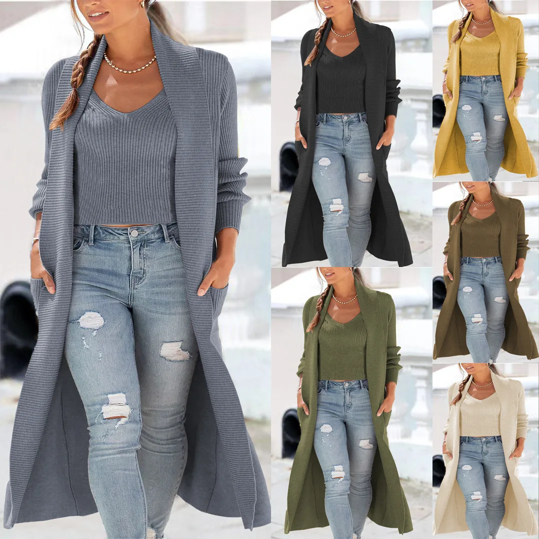 Women's S-3XL plus size Autumn/Winter Cardigan Windbreaker Coat Knitted Loose Sweater Two piece Solid Color Tank Top Set