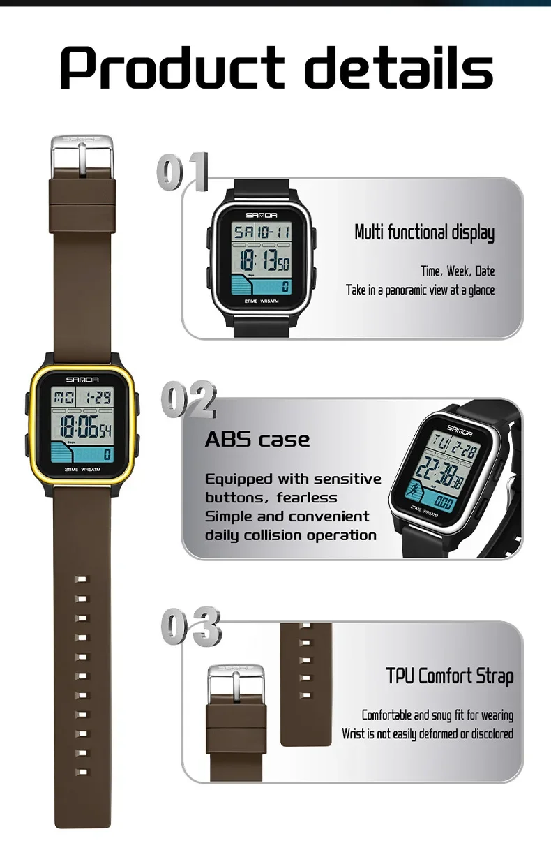 SANDA SD2210 スポーツ電子時計 歩数カロリー+5 ATM防水+ナイトライト スポーツモニタリング多機能時計