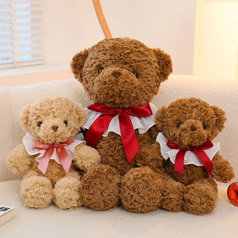 دمية دب تيدي لطيفة وناعمة مع طوق مزين بفيونكة، لعبة محشوة ناعمة للديكور المنزلي وهدية مثالية للفتيات