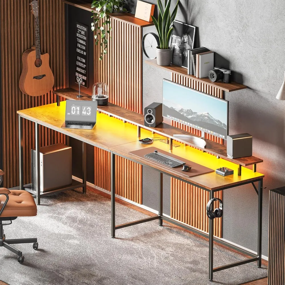 L Shaped Gaming Desk with Power Outlets & LED Lights, 66 Inch Computer Desk with Monitor Stand & Storage Shelf, Home Office Desk