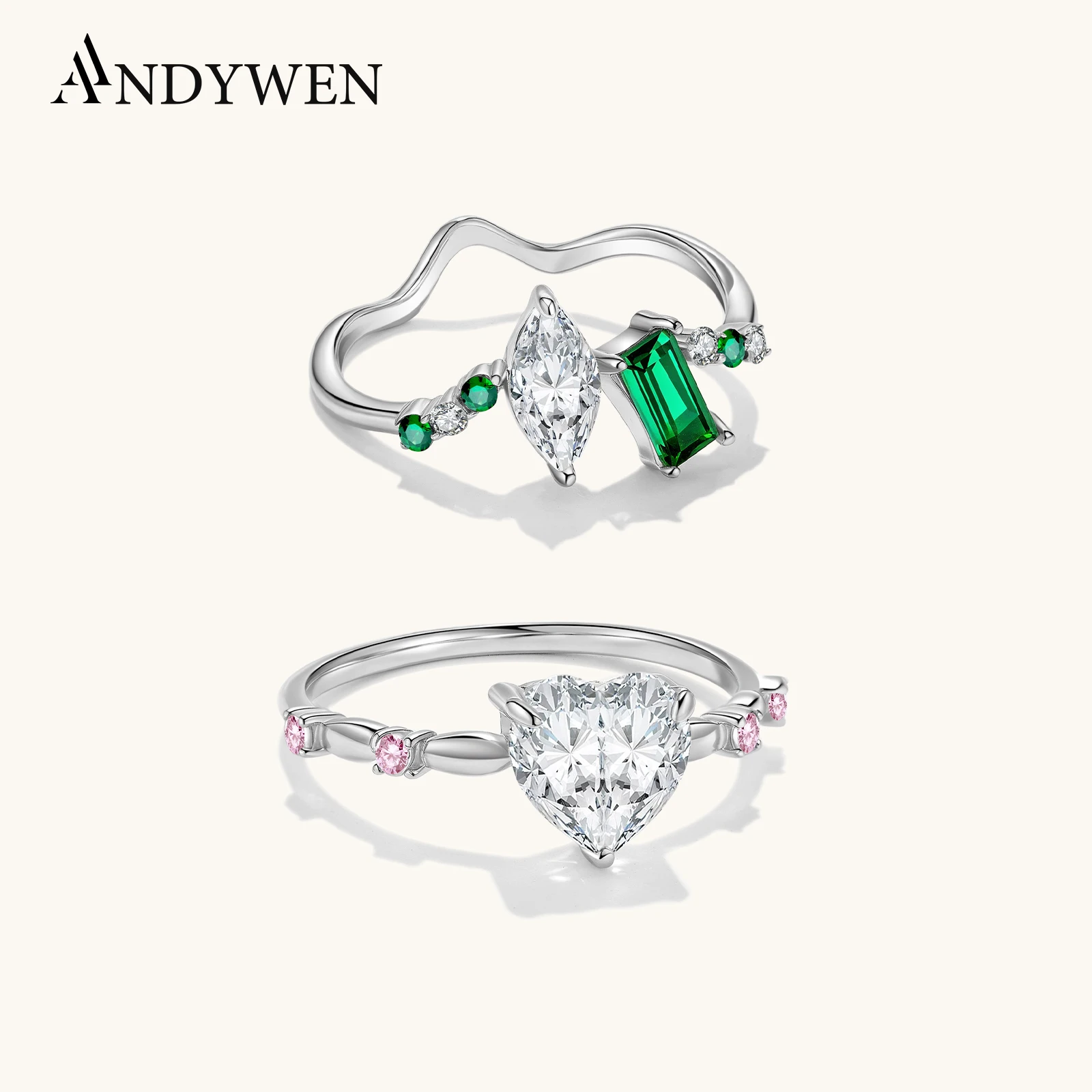 

ANDYWEN 925 Sterling Silver Heart Pink Marquise Rectangle Green CZ Ring Zirconia Vintage Wedding Band Engagement Women Jewelry