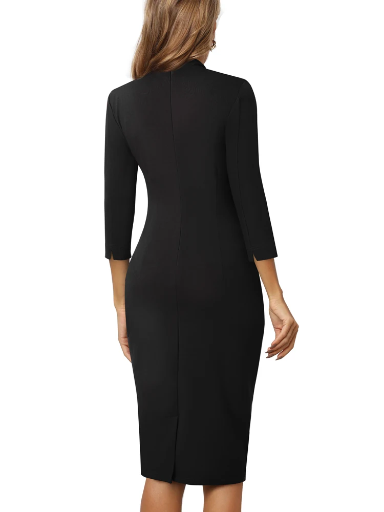 Nice-Forever Autumn Women Classy Plain Black Dresses Formal Business Elegant Bodycon Dress B760