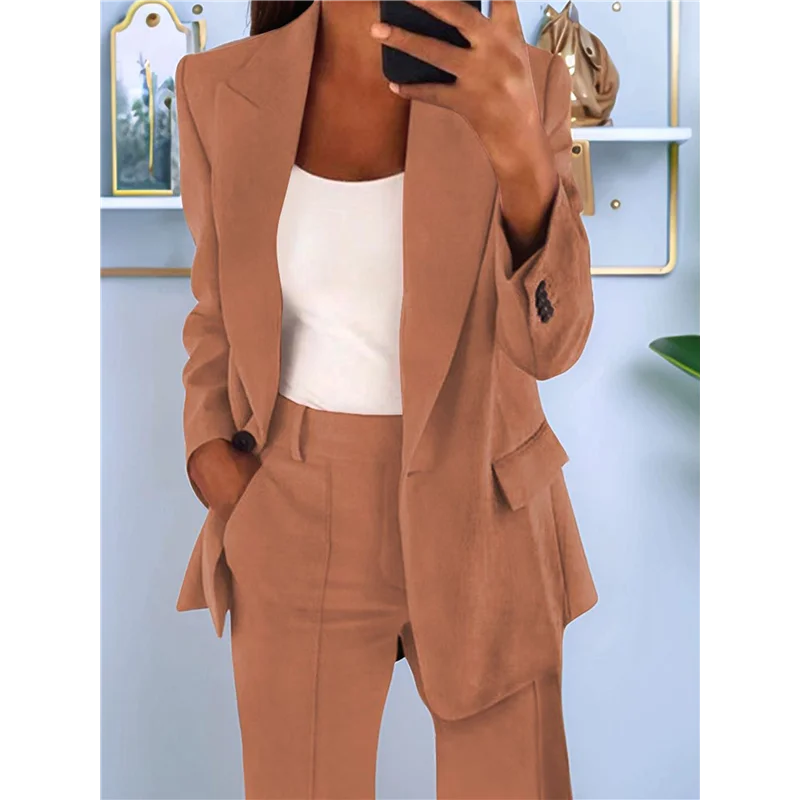 FX-Women 2 قطعة ملابس حجم كبير الأعمال عارضة طويلة الأكمام طية صدر السترة أعلى السراويل الساق المستقيمة الدعاوى