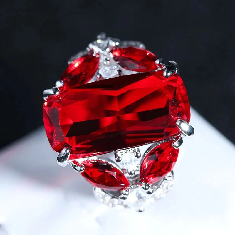 Anillo de Plata de Ley 925 auténtica para mujer, joyería con sello AAA, piedra roja grande de CZ, anillos de boda para fiesta