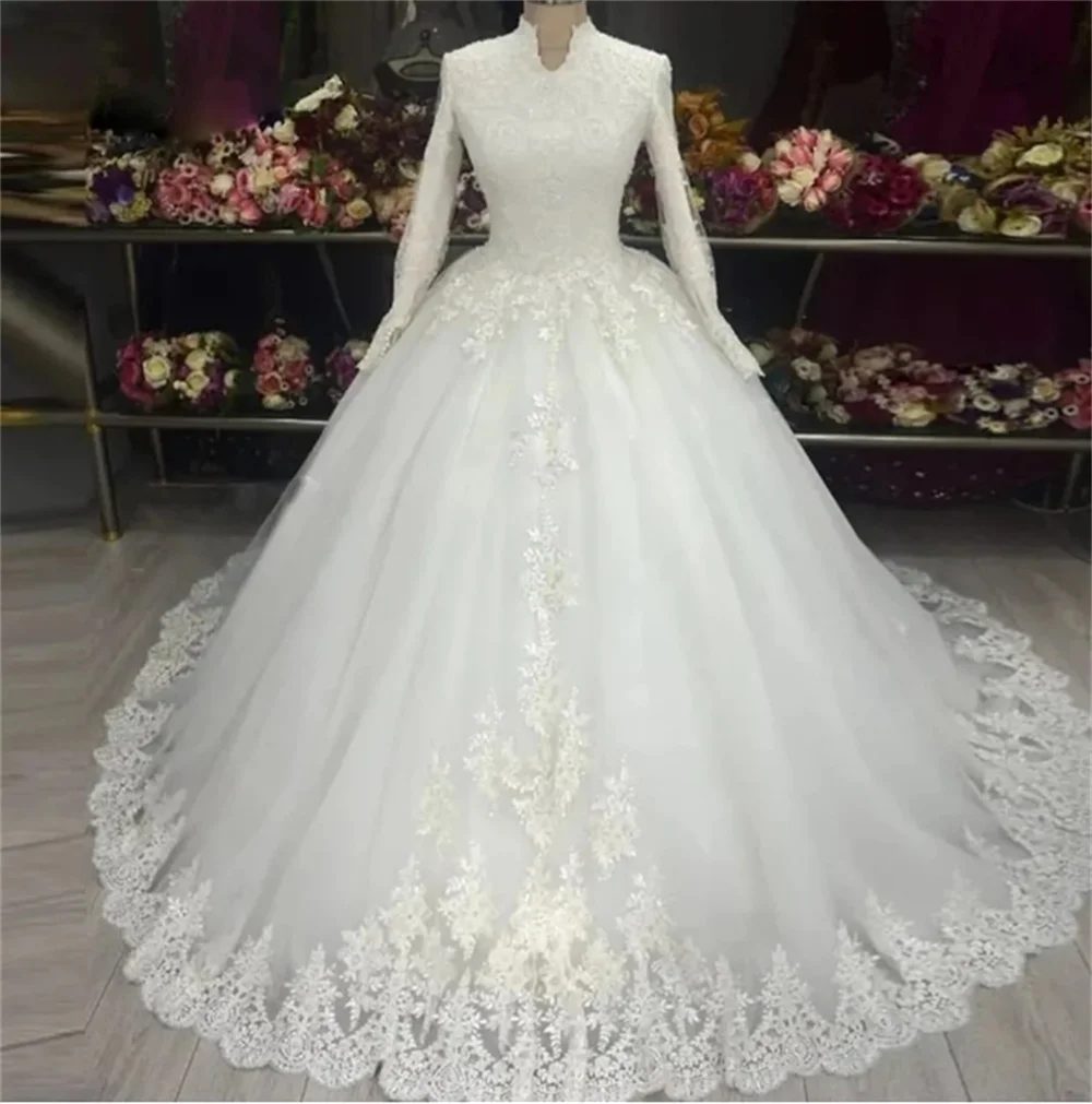 Vestido de novia musulmán de lujo para mujer, cuello alto, mangas largas, línea A, tul, apliques de encaje, vestido de novia blanco árabe