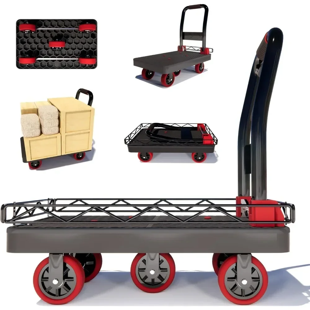 

Heavy Duty Platform Trucks Flatbed Carts, 2000lbs Capacity Pushcart Dolly Hand Trucks, Silent TPR Wheels, Collapsible Cart Dolly