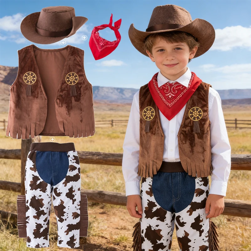 4PCS Cowboy Dress Up Outfits Baby Boys Easter Cosplay Clothes Vest+Scarf+Long Pants+Hats Carnival Party Costume Boy Holiday Gift