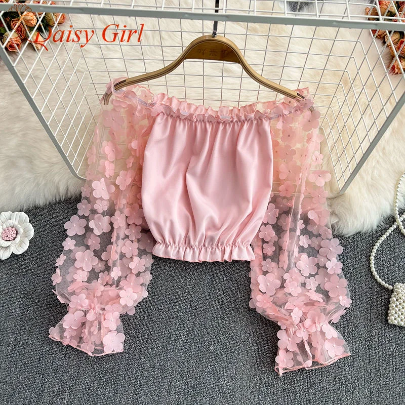

Summer One-Shoulder Three-Dimensional Flower Perspective Mesh Spliced ​​Chiffon Shirt With Waist-Hugging Short Off-Shoulder Top