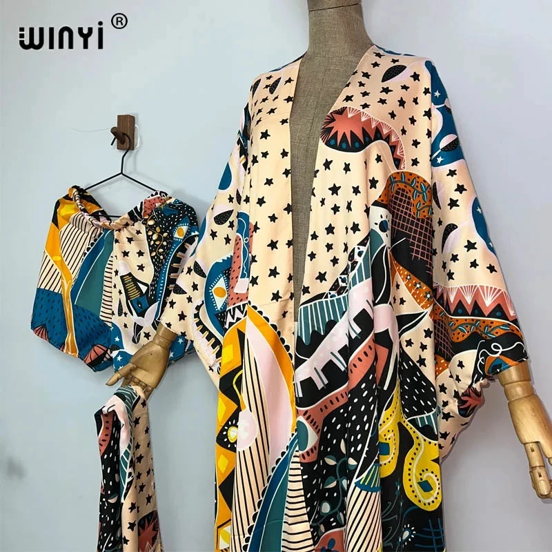 WINYI-Conjunto de dos piezas con estampado bohemio para mujer, vestido largo hasta el suelo de manga larga, kimono de vacaciones, novedad de verano