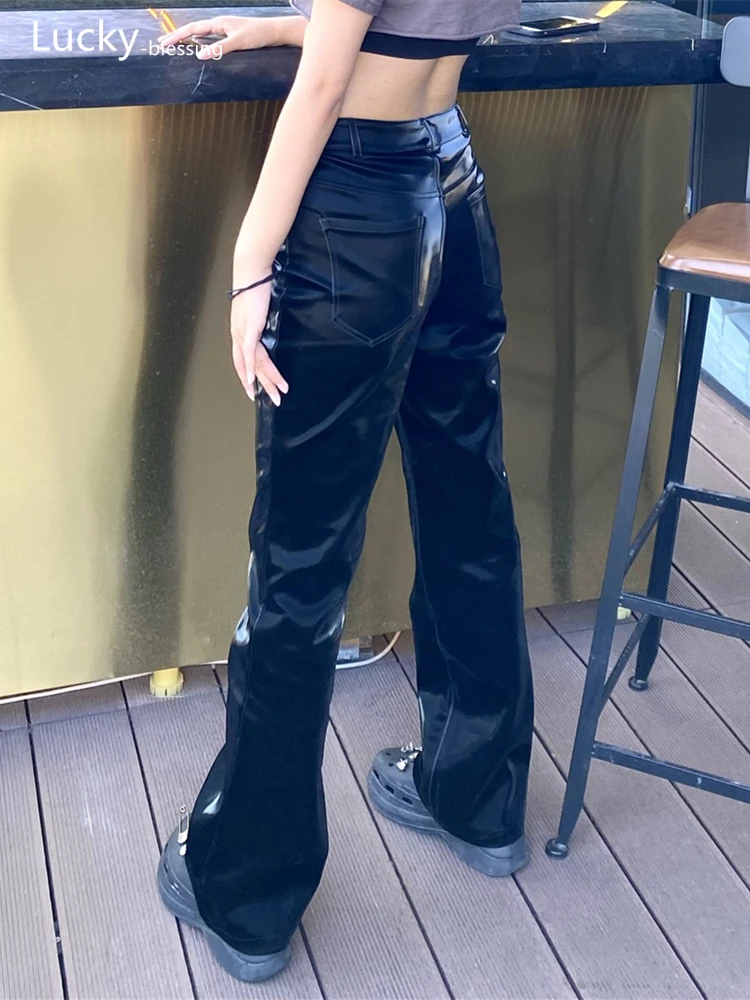 Fashion Black Metal Liquid Faux Leather Pants Loose Fit Women High Waist Shiny PU Trousers Ladies Streetwear Straight Pants 2022 images - 6