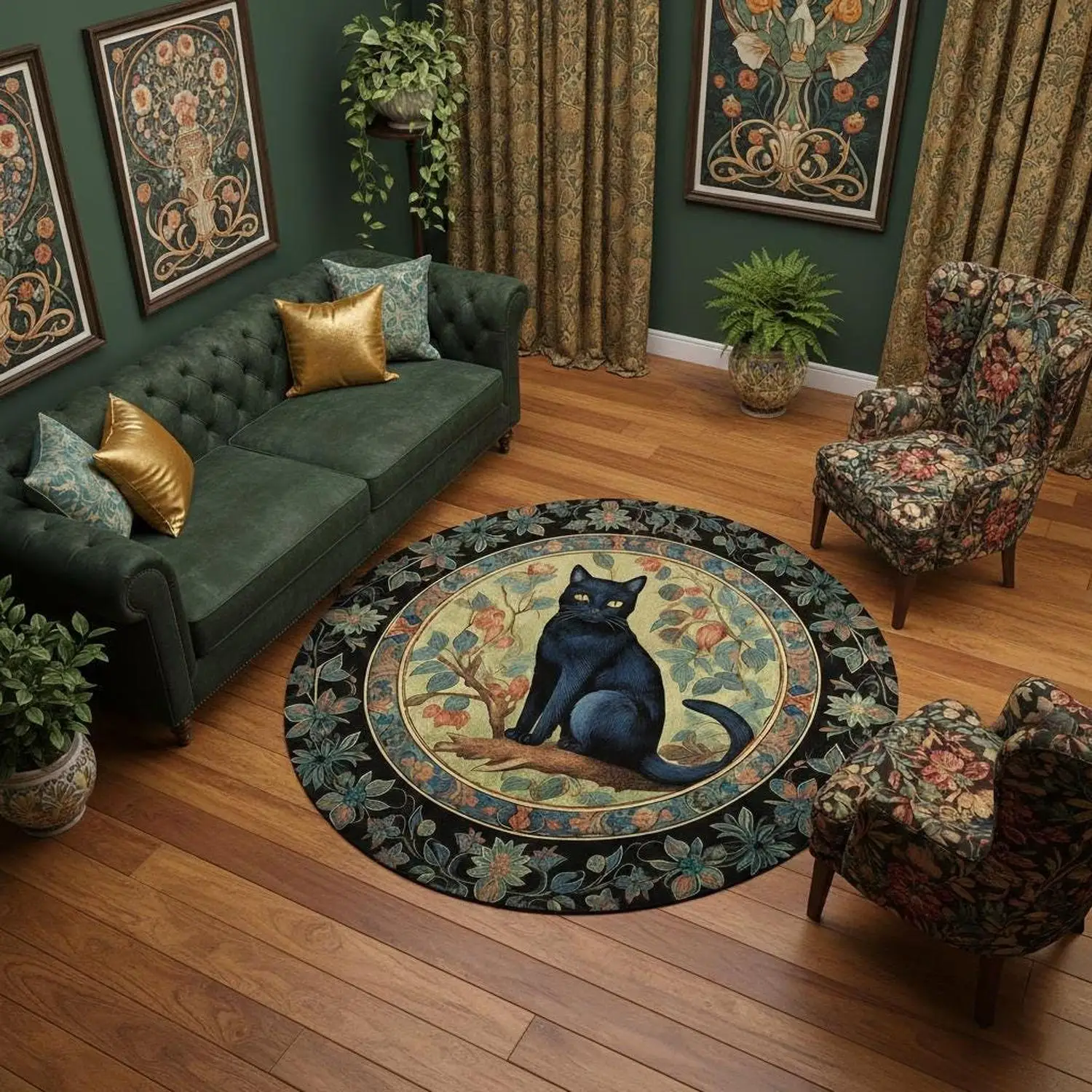 【Room Decor Carpet】Floral Black Cat Carpet, Ancient Black Cat, Floral Mix-And-Match Pattern Carpet, Dark Academia Style Carpet, Plant and Pastoral Style Decor, Cat and Flower Carpet