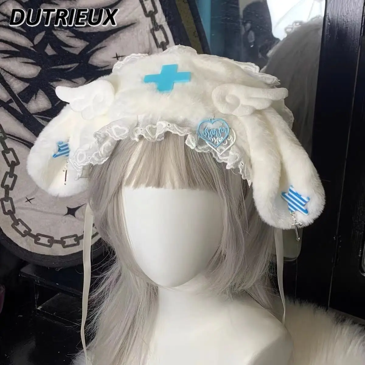 Bande de cheveux d'oreille de lapin japonais, coiffure Lolita de culture asiatique, dentelle mignonne, accessoires de cheveux en peluche, Harajuku Y2k, pinces à cheveux douces pour filles