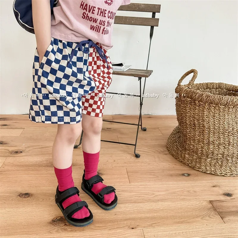 

2024 Children's Summer New Product Children's Korean Summer Checker Shorts Boys and Girls' High Waist Casual Pants