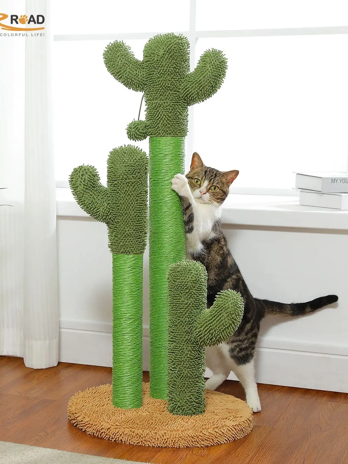 Kaktus-Katzenkratzbaum für Katzen im Innenbereich, hoher Katzenkratzbaum mit 3 Sisal-Kratzstangen, interaktives baumelndes Ball-Katzenspielzeug