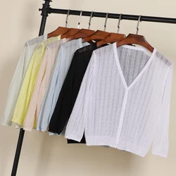 Summer Cardigan Women V-neck Female Korean Fashion Style Long Sleeve Top Cropped Girls Knitted Ladies Sweaters Women's Coat Cute